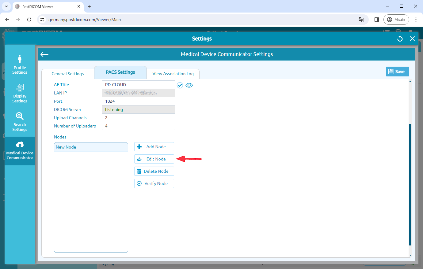 Medical Device Communicator (MeDiC) PACS-serverinstellingen bewerken voor Windows