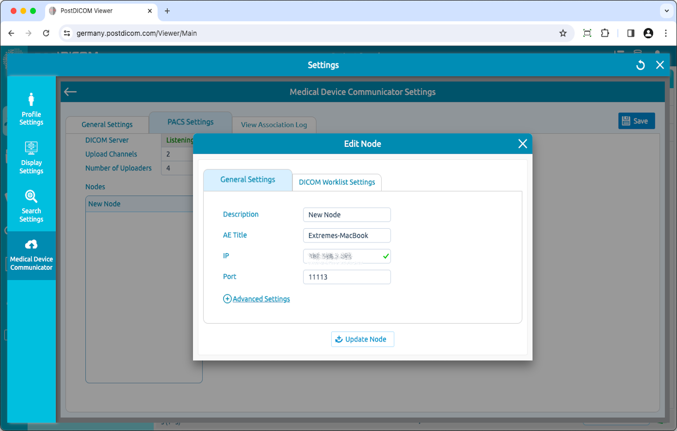 Medical Device Communicator (MeDiC) PACS-serverinstellingen bewerken voor MacOS