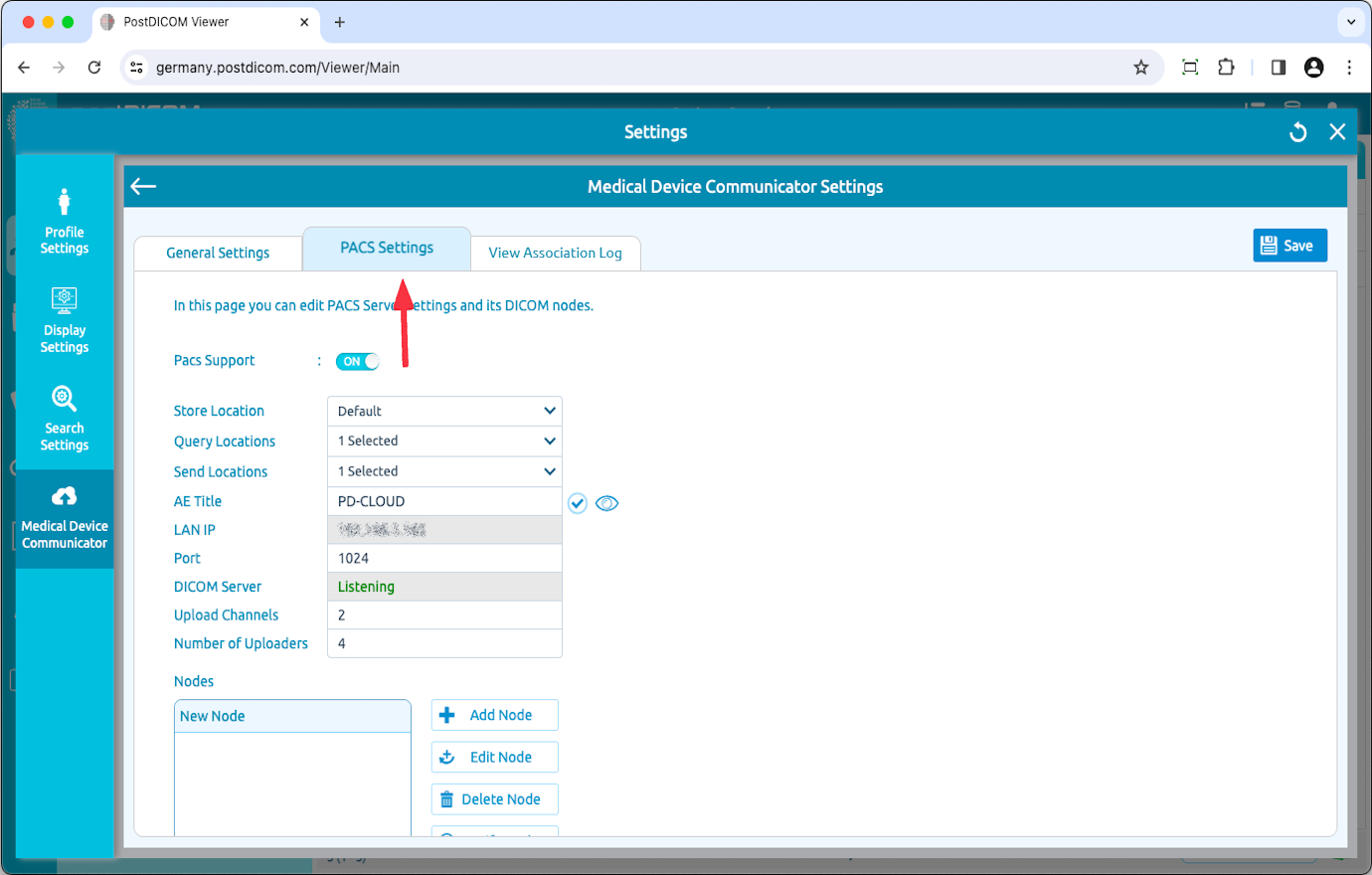 Medical Device Communicator (MeDiC) PACS-serverinstellingen bewerken voor MacOS