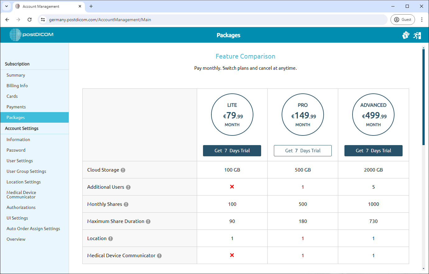 Hoe u zich abonneert op de betaalde pakketten van PostDICOM