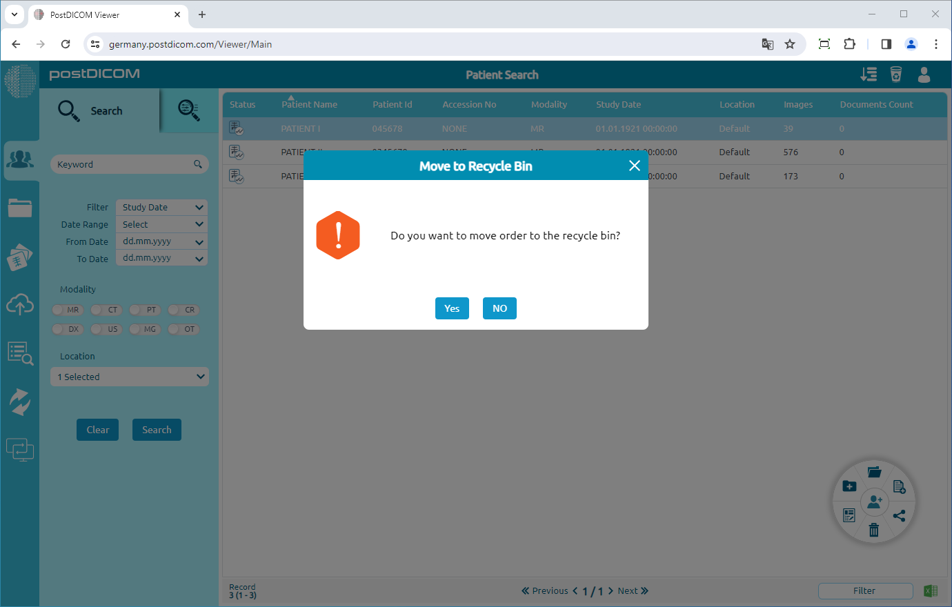 Patiëntbeelden en documenten verplaatsen naar de prullenbak