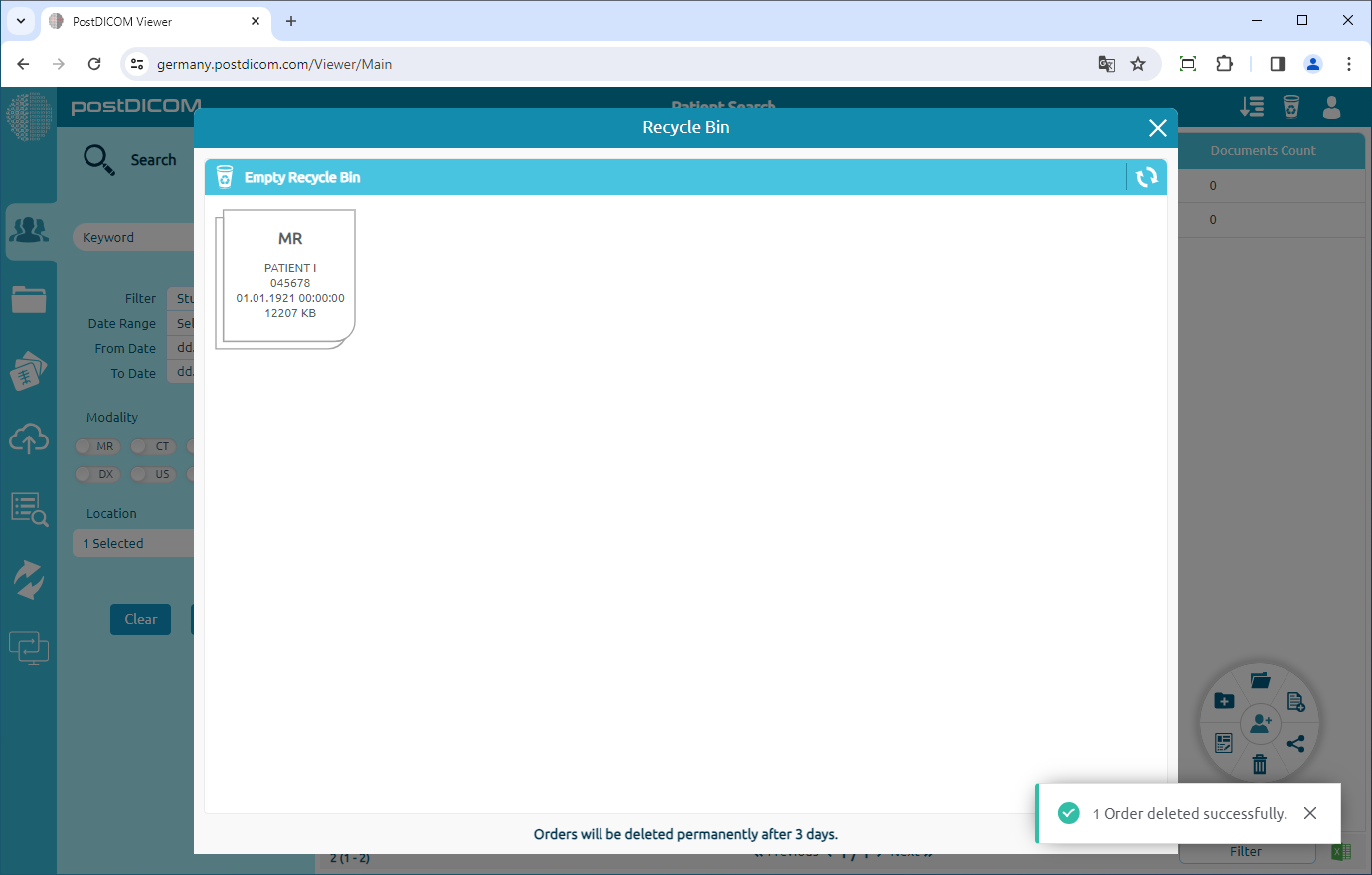 Patiëntbeelden en documenten verplaatsen naar de prullenbak